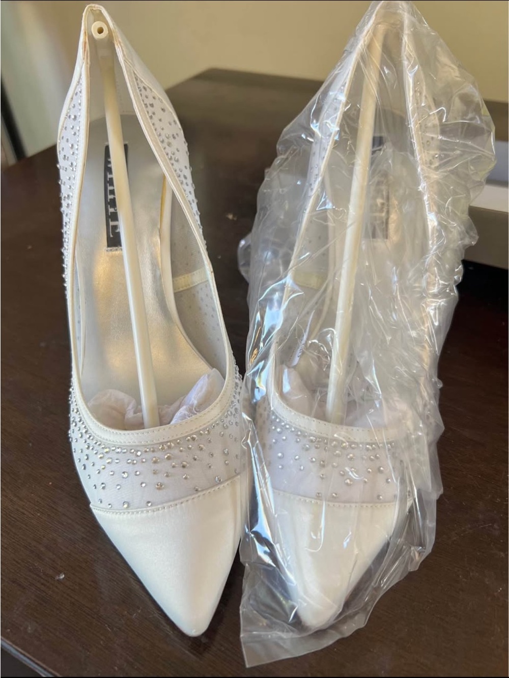 White by Vera Wang White Satin Crystal-Embellished Pumps - Picture 2 of 6